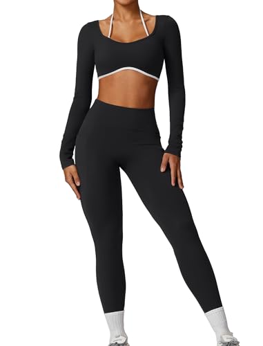 IDOPIP Sport-Set Damen Langarm Rückenfrei: Zweiteiler Gym Set Top mit integrierten Cups und hohe Taile Leggings mit Taschen - Sportkleidung für Fitness Yoga Pilates Workout schwarz M von IDOPIP