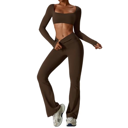 IDOPIP Sport-Set Damen Langarm für Fitness: Zweiteiler Gym Set mit Langarmshirt und Leggings Schlaghose - Sportkleidung für Yoga Pilates Workout braun S von IDOPIP