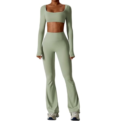 IDOPIP Sport-Set Damen Langarm für Fitness: Zweiteiler Gym Set mit Langarmshirt und Leggings Schlaghose - Sportkleidung für Yoga Pilates Workout grün S von IDOPIP
