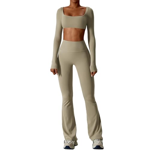 IDOPIP Sport-Set Damen Langarm für Fitness: Zweiteiler Gym Set mit Langarmshirt und Leggings Schlaghose - Sportkleidung für Yoga Pilates Workout hellbraun M von IDOPIP