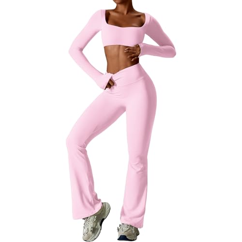 IDOPIP Sport-Set Damen Langarm für Fitness: Zweiteiler Gym Set mit Langarmshirt und Leggings Schlaghose - Sportkleidung für Yoga Pilates Workout rosa XS von IDOPIP