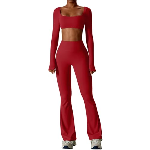 IDOPIP Sport-Set Damen Langarm für Fitness: Zweiteiler Gym Set mit Langarmshirt und Leggings Schlaghose - Sportkleidung für Yoga Pilates Workout rot L von IDOPIP