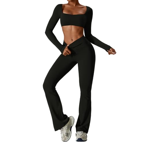 IDOPIP Sport-Set Damen Langarm für Fitness: Zweiteiler Gym Set mit Langarmshirt und Leggings Schlaghose - Sportkleidung für Yoga Pilates Workout schwarz M von IDOPIP