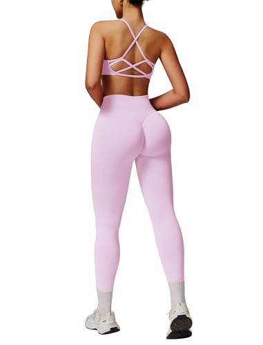 IDOPIP Sport-Set Damen Zweiteiler für Fitness: Gym Set mit Schnürung Rückenfrei lange Leggings und integriertem BH - Sommer Sportkleidung für Yoga Pilates Workout rosa S von IDOPIP