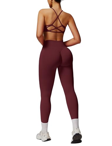 IDOPIP Sport-Set Damen Zweiteiler für Fitness: Gym Set mit Schnürung Rückenfrei lange Leggings und integriertem BH - Sommer Sportkleidung für Yoga Pilates Workout weinrot L von IDOPIP