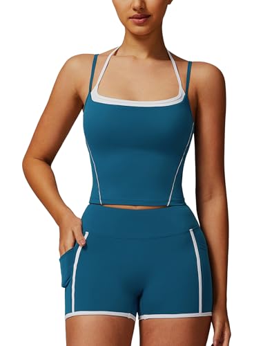 IDOPIP Sport-Set Damen Zweiteiler für Fitness: Gym Set mit gepolstertem BH und kurz Leggings mit Taschen - Sommer Sportkleidung für Yoga, Pilates und Workout blau M von IDOPIP