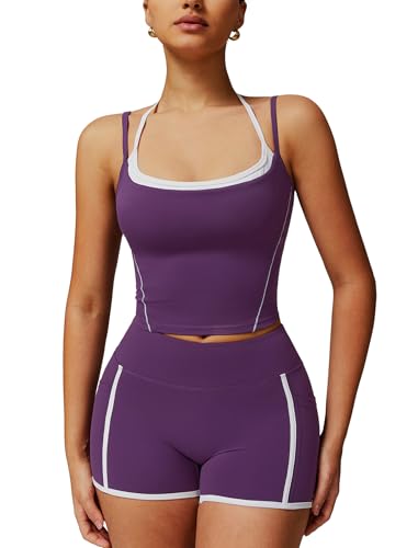 IDOPIP Sport-Set Damen Zweiteiler für Fitness: Gym Set mit gepolstertem BH und kurz Leggings mit Taschen - Sommer Sportkleidung für Yoga, Pilates und Workout lila L von IDOPIP