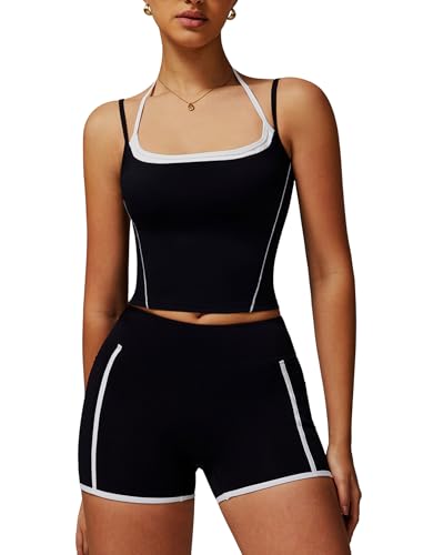 IDOPIP Sport-Set Damen Zweiteiler für Fitness: Gym Set mit gepolstertem BH und kurz Leggings mit Taschen - Sommer Sportkleidung für Yoga, Pilates und Workout schwarz L von IDOPIP