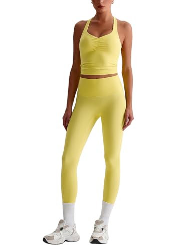 IDOPIP Sport-Set Damen Zweiteiler für Fitness: Neckholder Gym Set mit gepolstertem BH Leggings und Falten Top mit Riemenrücken - Sommer Sportkleidung für Yoga, Pilates und Workout gelb M von IDOPIP