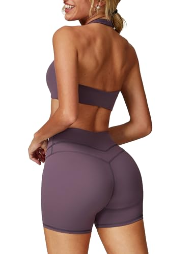 IDOPIP Sport-Set Damen Zweiteiler für Sport: Neckholder Gym Set mit Sport BH + Leggings kurz - Sommer Sportkleidung für Fitness Yoga Pilates Workout violett L von IDOPIP