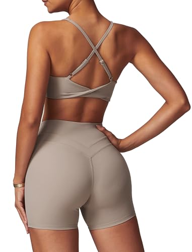 IDOPIP Sport Set Damen für Fitness: Gym Set 2 teilig mit V-Ausschnitt Twist zurück BH und Leggings kurz - Sommer Sportkleidung für Yoga, Pilates und Workout leinen S von IDOPIP