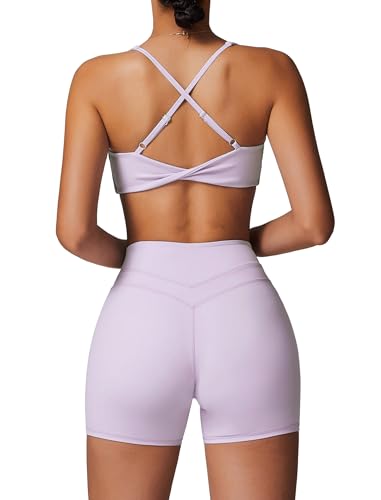 IDOPIP Sport Set Damen für Fitness: Gym Set 2 teilig mit V-Ausschnitt Twist zurück BH und Leggings kurz - Sommer Sportkleidung für Yoga, Pilates und Workout lila M von IDOPIP