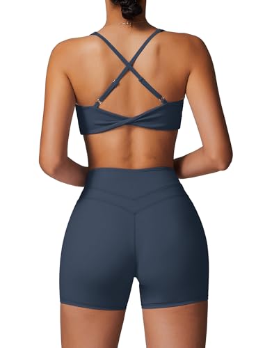 IDOPIP Sport Set Damen für Fitness: Gym Set 2 teilig mit V-Ausschnitt Twist zurück BH und Leggings kurz - Sommer Sportkleidung für Yoga, Pilates und Workout marineblau L von IDOPIP
