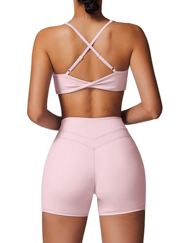 IDOPIP Sport Set Damen für Fitness: Gym Set 2 teilig mit V-Ausschnitt Twist zurück BH und Leggings kurz - Sommer Sportkleidung für Yoga, Pilates und Workout rosa M von IDOPIP