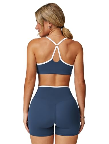 IDOPIP Sport-Set Zweiteiler Damen für Fitness: Kontrastfarbe Gym Set Gepolstert BH mit verstellbarem Träger und Crossover Po-Lifting Leggings kurz - Yoga Outfit für Pilates Workout marineblau S von IDOPIP