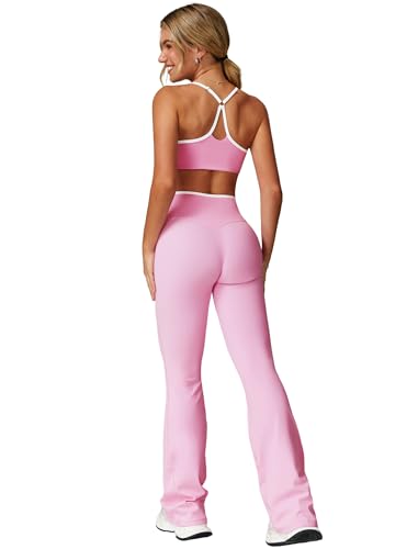 IDOPIP Sport-Set Zweiteiler Damen für Fitness: Kontrastfarbe Rückenfrei Gym Set mit Kompression gepolstertem BH und Crossover Po-Lifting Leggings Schlaghose - Yoga Outfit für Pilates Workout rosa S von IDOPIP