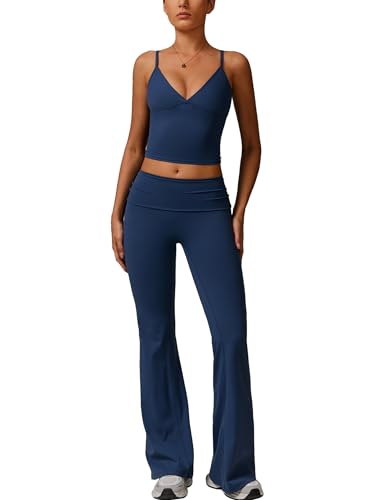 IDOPIP Sport-Set Zweiteiler Damen für Fitness: Spaghettiträger Gym Set mit Gepolstertes V-Ausschnitt Tanktop und Leggings - Sommer Sportkleidung für Yoga, Pilates und Workout blau M von IDOPIP