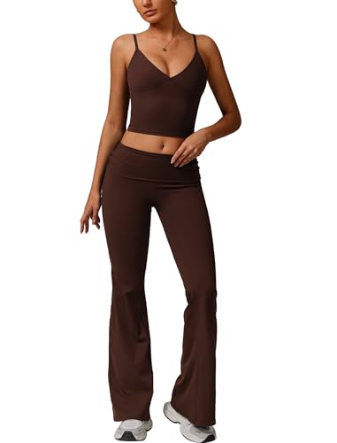 IDOPIP Sport-Set Zweiteiler Damen für Fitness: Spaghettiträger Gym Set mit Gepolstertes V-Ausschnitt Tanktop und Leggings - Sommer Sportkleidung für Yoga, Pilates und Workout braun L von IDOPIP