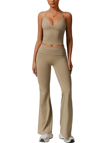 IDOPIP Sport-Set Zweiteiler Damen für Fitness: Spaghettiträger Gym Set mit Gepolstertes V-Ausschnitt Tanktop und Leggings - Sommer Sportkleidung für Yoga, Pilates und Workout kaki L von IDOPIP