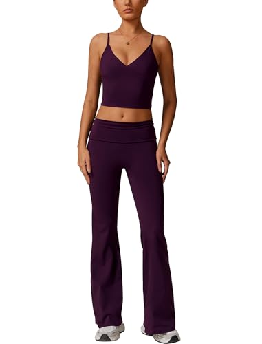 IDOPIP Sport-Set Zweiteiler Damen für Fitness: Spaghettiträger Gym Set mit Gepolstertes V-Ausschnitt Tanktop und Leggings - Sommer Sportkleidung für Yoga, Pilates und Workout lila S von IDOPIP