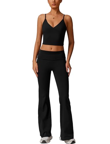 IDOPIP Sport-Set Zweiteiler Damen für Fitness: Spaghettiträger Gym Set mit Gepolstertes V-Ausschnitt Tanktop und Leggings - Sommer Sportkleidung für Yoga, Pilates und Workout schwarz M von IDOPIP