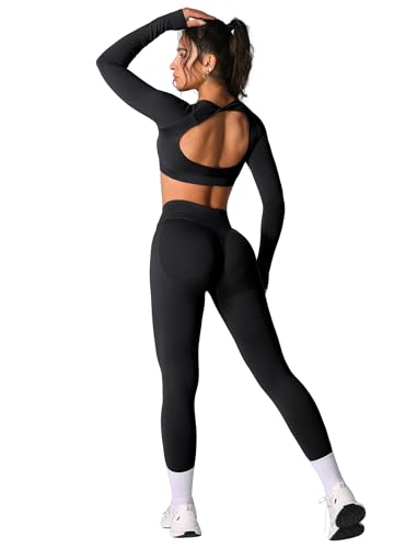 IDOPIP Sportanzug Damen Rückenfrei für Yoga: Gym Set mit Leggings Hose und Langarm Sportshirt mit Twist zurück und Schlüsselloch-Rücken - Sportkleidung für Sport Fitness und Gym schwarz XL von IDOPIP