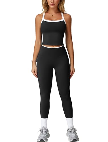 IDOPIP Sportanzug Zweiteiler Damen für Fitness: Neckholder Sommer Outfits mit Polster und hohe Taile Leggings - Gym Set mit Riemenrücken für Yoga, Pilates und Workout blau M von IDOPIP