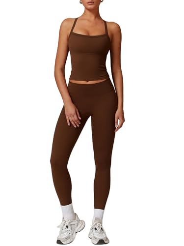 IDOPIP Sportanzug Zweiteiler Damen für Fitness: Neckholder Sommer Outfits mit Polster und hohe Taile Leggings - Gym Set mit Riemenrücken für Yoga, Pilates und Workout braun M von IDOPIP