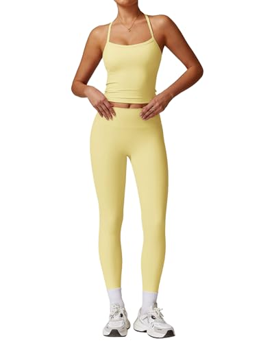 IDOPIP Sportanzug Zweiteiler Damen für Fitness: Neckholder Sommer Outfits mit Polster und hohe Taile Leggings - Gym Set mit Riemenrücken für Yoga, Pilates und Workout gelb S IDOPIP Sportanzug Zweiteiler Damen für Fitness: Neckholder Sommer Outfits mit Polster und hohe Taile Leggings - Gym Set mit Riemenrücken für Yoga, Pilates und Workout gelb S von IDOPIP