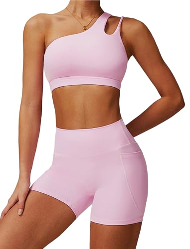 IDOPIP Sportanzug Zweiteiler Damen für Sport: Ärmellos Sommer Outfits mit Polster und kurz Leggings mit Taschen - Eine Schulter Gym Set für Fitness Yoga Pilates Workout rosa M von IDOPIP