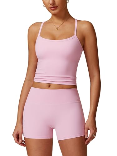 IDOPIP Sportanzug Zweiteiler Damen für Fitness: Spaghettiträger Sommer Outfits mit BH-Polster und hohe Taile Leggings kurz - Gym Set für Yoga, Pilates und Workout rosa XS von IDOPIP