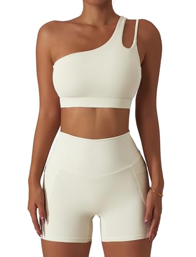 IDOPIP Sportanzug Zweiteiler Damen für Sport: Ärmellos Sommer Outfits mit Polster und kurz Leggings mit Taschen - Eine Schulter Gym Set für Fitness Yoga Pilates Workout aprikose S von IDOPIP