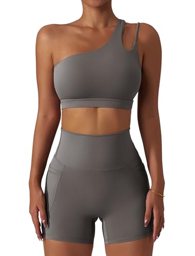 IDOPIP Sportanzug Zweiteiler Damen für Sport: Ärmellos Sommer Outfits mit Polster und kurz Leggings mit Taschen - Eine Schulter Gym Set für Fitness Yoga Pilates Workout grau M von IDOPIP