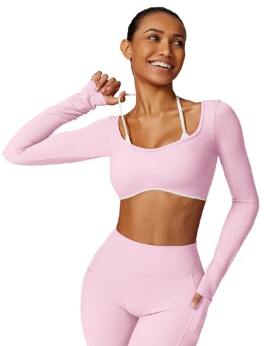 IDOPIP Sportshirt Damen Langarm für Yoga: Rückenfrei Kontrastfarbe Gym Top mit integriertem BH - Kompression Langarmshirt für Sport und Fitness rosa X-Small von IDOPIP