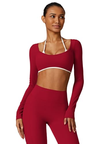IDOPIP Sportshirt Damen Langarm für Yoga: Rückenfrei Kontrastfarbe Gym Top mit integriertem BH - Kompression Langarmshirt für Sport und Fitness rot Small von IDOPIP