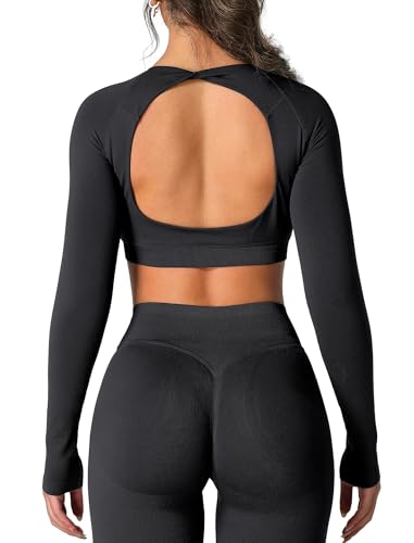 IDOPIP Sportshirt Damen Rückenfrei für Yoga: Langarm Kompression Top mit Twist zurück und Schlüsselloch-Rücken - Hochdehnbares Langarmshirt für Sport Fitness und Gym schwarz L von IDOPIP