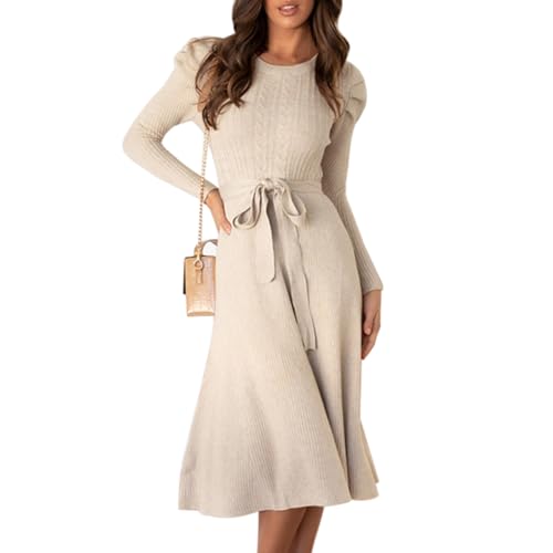 IDOPIP Strickkleid Damen Herbst Pulloverkleid Winterkleid Abendkleider Elegant Kleid mit Gürtel Langarm A-Linie Sweater Tunika Strickpullover Dresses for Women Für Party Freizeit Cocktail Aprikose XL von IDOPIP