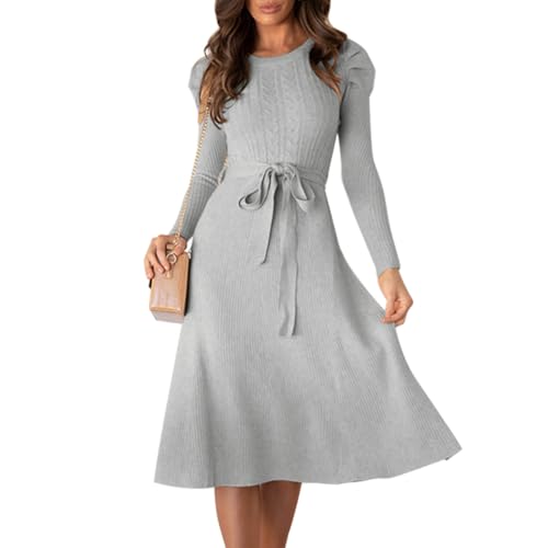 IDOPIP Strickkleid Damen Herbst Pulloverkleid Winterkleid Abendkleider Elegant Kleid mit Gürtel Langarm A-Linie Sweater Tunika Strickpullover Dresses for Women Für Party Freizeit Cocktail grau M von IDOPIP