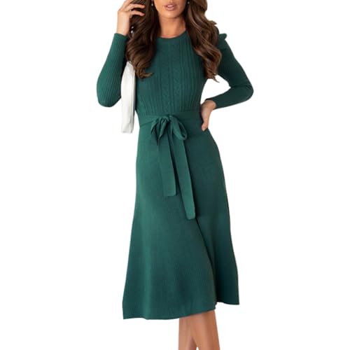 IDOPIP Strickkleid Damen Herbst Pulloverkleid Winterkleid Abendkleider Elegant Kleid mit Gürtel Langarm A-Linie Sweater Tunika Strickpullover Dresses for Women Für Party Freizeit Cocktail grün S von IDOPIP