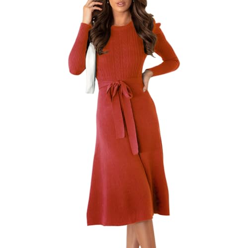 IDOPIP Strickkleid Damen Herbst Pulloverkleid Winterkleid Abendkleider Elegant Kleid mit Gürtel Langarm A-Linie Sweater Tunika Strickpullover Dresses for Women Für Party Freizeit Cocktail rot XXL von IDOPIP