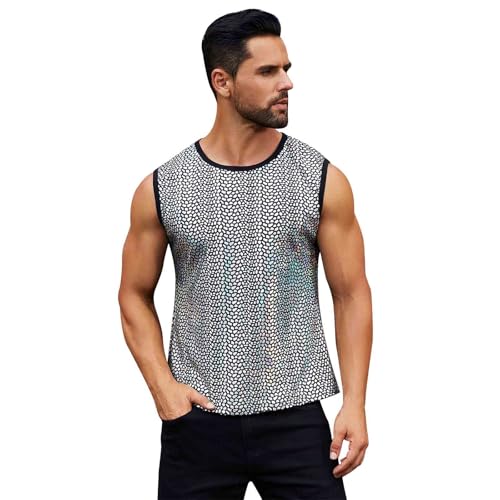 IDOPIP Tank Top Herren Festival Outfit Metallic Ärmellos Weste Glitzer Oberteil Lackleder Top Muskelshirts Herren Unterhemd Disco Party Karneval Clubwear Performance Kostüm schwarz-silbrig XXL von IDOPIP