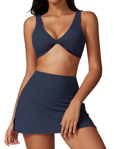 IDOPIP Tenniskleid Damen 2 TLG. Golfkleid mit Shorts Sport BH + Tennisrock V-Ausschnitt Tenniskleidung Sportanzug Für Yoga Fitness Tischtennis Baseball blau S von IDOPIP