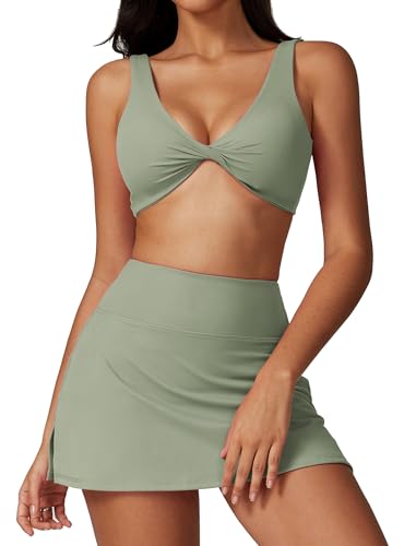 IDOPIP Tenniskleid Damen 2 TLG. Golfkleid mit Shorts Sport BH + Tennisrock V-Ausschnitt Tenniskleidung Sportanzug Für Yoga Fitness Tischtennis Baseball grün S von IDOPIP