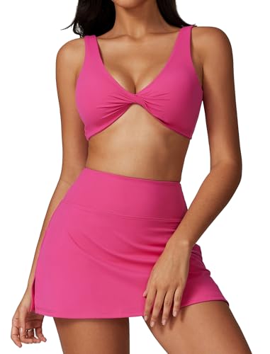 IDOPIP Tenniskleid Damen 2 TLG. Golfkleid mit Shorts Sport BH + Tennisrock V-Ausschnitt Tenniskleidung Sportanzug Für Yoga Fitness Tischtennis Baseball rosenrot M von IDOPIP