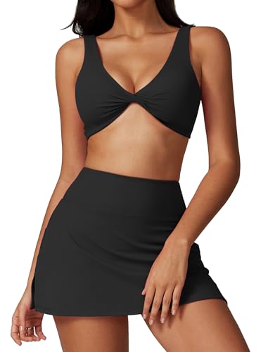 IDOPIP Tenniskleid Damen 2 TLG. Golfkleid mit Shorts Sport BH + Tennisrock V-Ausschnitt Tenniskleidung Sportanzug Für Yoga Fitness Tischtennis Baseball schwarz L von IDOPIP