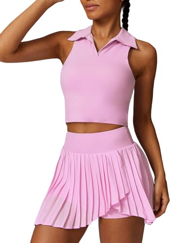 IDOPIP Tenniskleid Damen Golfkleid mit Hose drunter und Tasche Tank Top Tennisrock Plisseerock Sportanzug Trainingskleid Polokleid Für Baseball Tischtennis Joga Fitness Jogging Fahrrad Farhren rosa M von IDOPIP