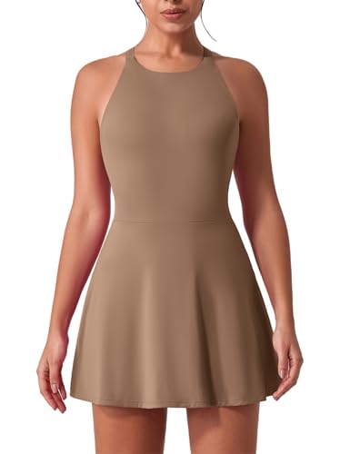 IDOPIP Tenniskleid Damen Golfkleid mit Integriertem BH und Shorts Tasche Cross Back Cut Out Sportkleid Mädchen Trainingskleid Freizeitkleid Tank Dress Athletic Workout Fitness Sport braun S von IDOPIP