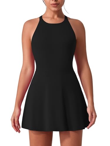 IDOPIP Tenniskleid Damen Golfkleid mit Integriertem BH und Shorts Tasche Cross Back Cut Out Sportkleid Mädchen Trainingskleid Freizeitkleid Tank Dress Athletic Workout Fitness Sport schwarz M von IDOPIP