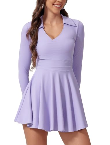 IDOPIP Tenniskleid Damen Langarm Golfkleider mit integrierten BH- und Shorts Sexy Sommerkleider Minikleid mit V-Ausschnitt Polokleid mit Tasche Tennisrock Sportanzug Für Workout Joga violett S IDOPIP Tenniskleid Damen Langarm Golfkleider mit integrierten BH- und Shorts Sexy Sommerkleider Minikleid mit V-Ausschnitt Polokleid mit Tasche Tennisrock Sportanzug Für Workout Joga violett S von IDOPIP