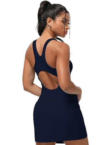 IDOPIP Tenniskleid Damen Sportkleidung Frauen mit BH Sporthose kurz Golfkleid Radlerhose Gym Shorts Tennisrock Ärmellos Sommerkleid Minikleid Freizeitkleider Für Sport Baseball Badminton Marineblau M von IDOPIP